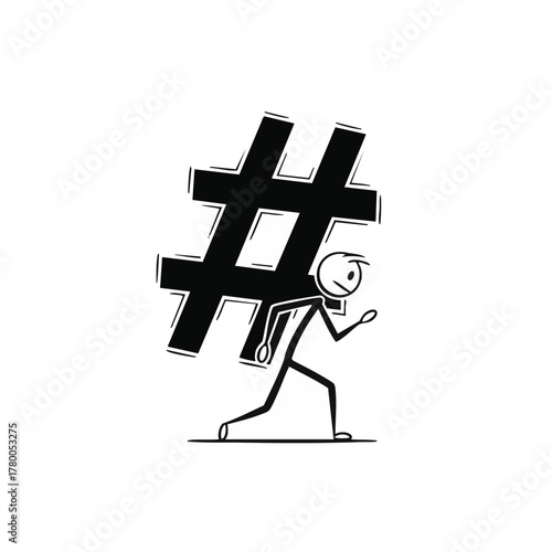 A stick figure struggles to carry a large hashtag symbol, representing the weight of social media and online trends.