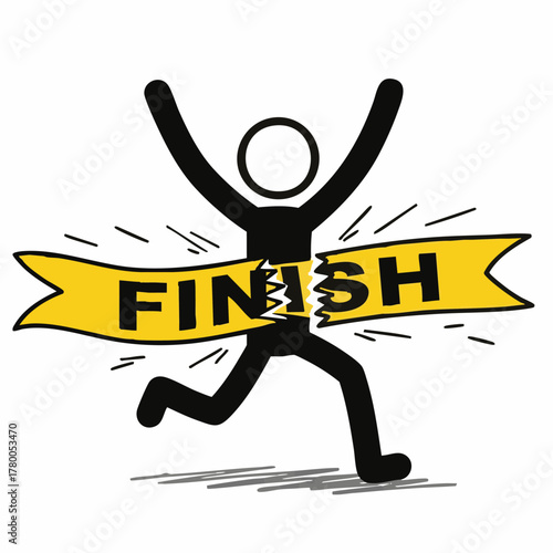A stick figure celebrates victory by breaking the finish line tape, symbolizing achievement and success in a race or competition.