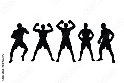 Five black silhouettes of male athletes in boxing stances sports