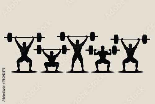 Five black silhouettes of weightlifters lifting barbells weightlifting athletes
