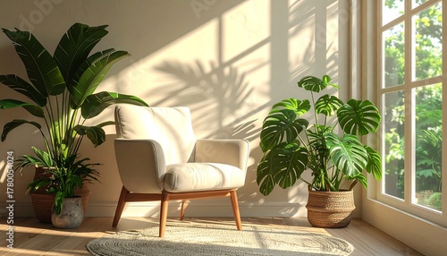 Wallpaper Mural Sunlit Interior Oasis - Armchair, Plants, and Natural Light. Torontodigital.ca