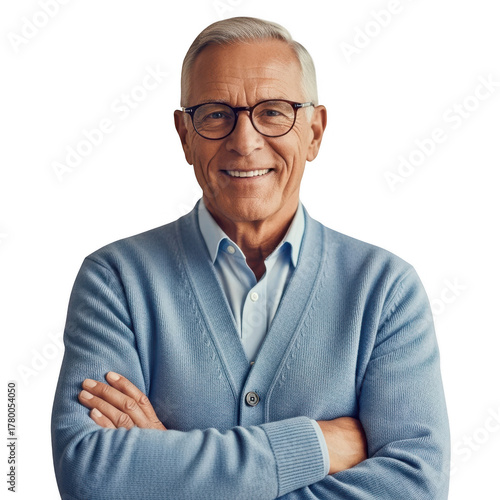 Smiling elderly man with glasses and blue cardigan isolated on transparent background