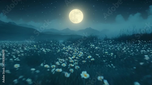 Moonlit meadow with wildflowers under starry sky