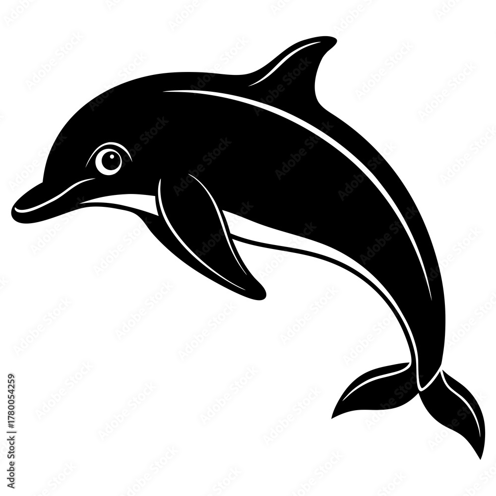 Fototapeta premium Stylized black silhouette of a dolphin jumping in the ocean isolated on white background isolated on transparent background