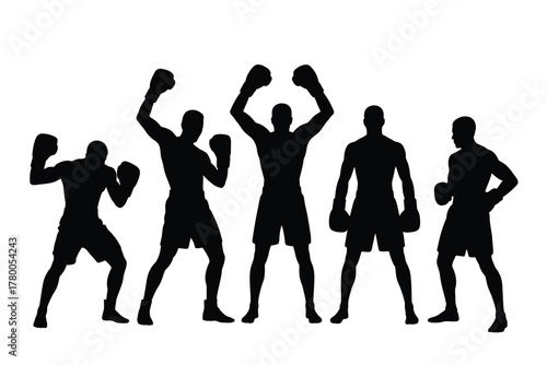 Five male boxers in silhouette celebrating victory boxing athletes