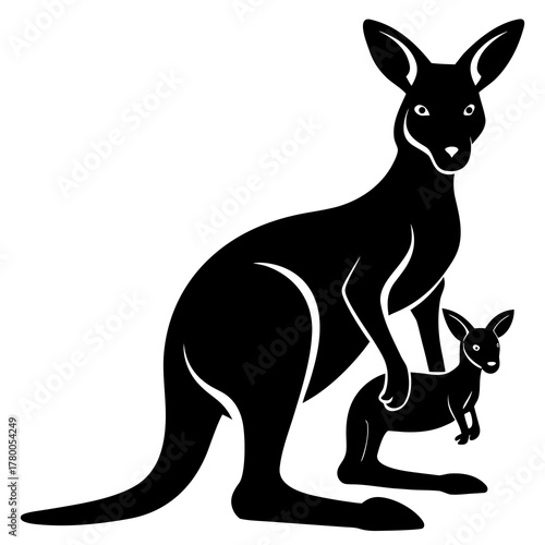 Stylized black silhouette of a mother kangaroo and joey isolated on white background isolated on transparent background