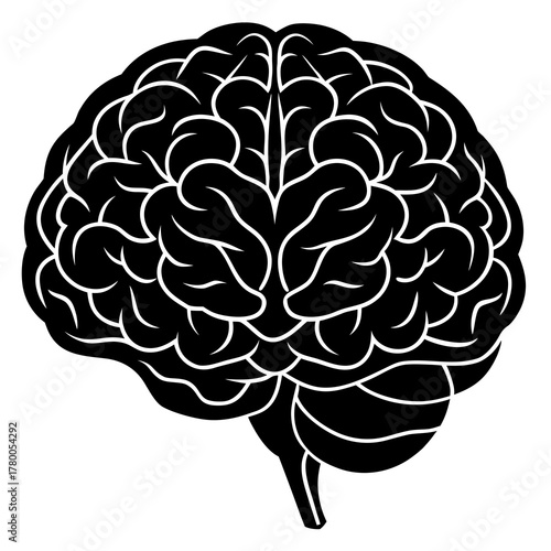 Stylized black and white illustration of a human brain isolated on white background isolated on transparent background