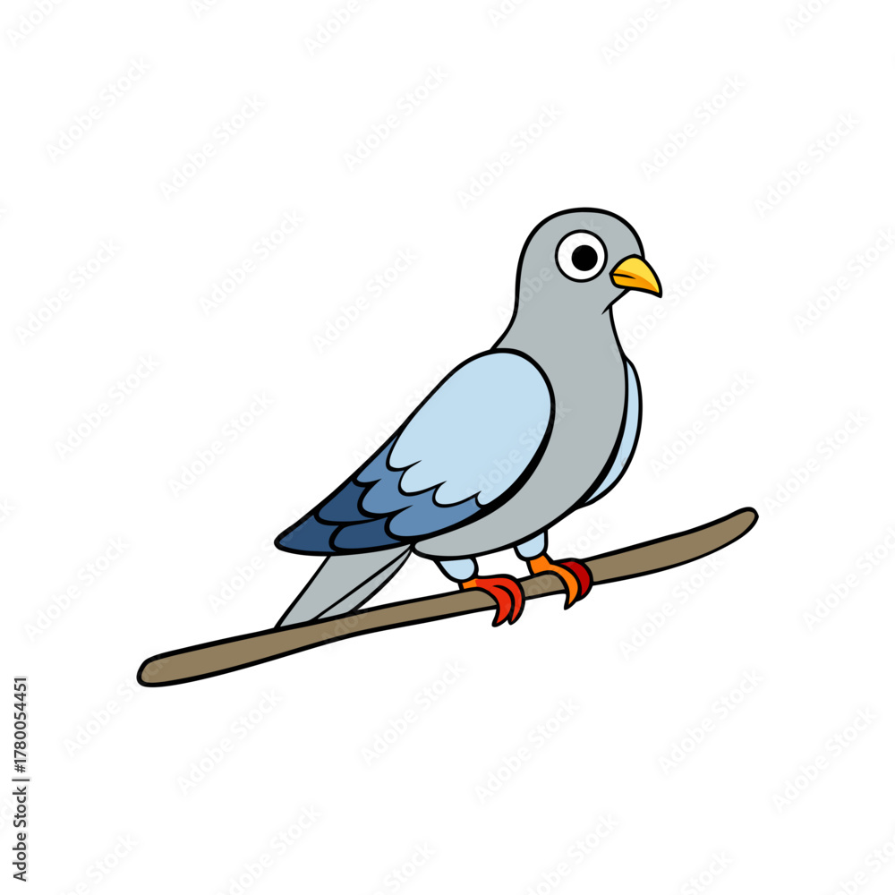 Obraz premium Cute cartoon pigeon perched on a branch isolated on white background isolated on transparent background