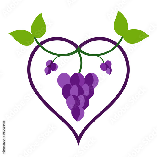 Heart shaped vine with purple grapes and green leaves isolated on white background isolated on transparent background