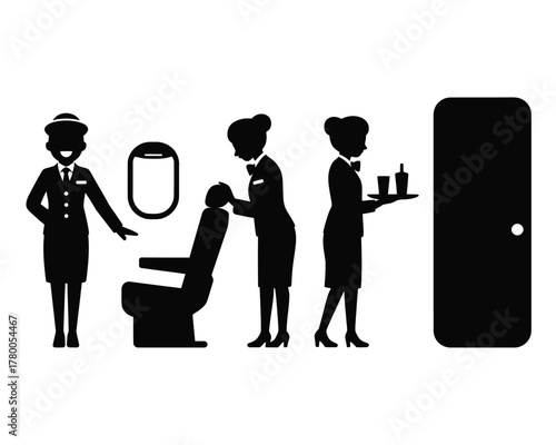 Flight attendants serving drinks and assisting passenger cabin crew airplane interior