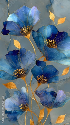 Elegant watercolor painting of beautiful blue flowers with gold accents on a textured marble background.