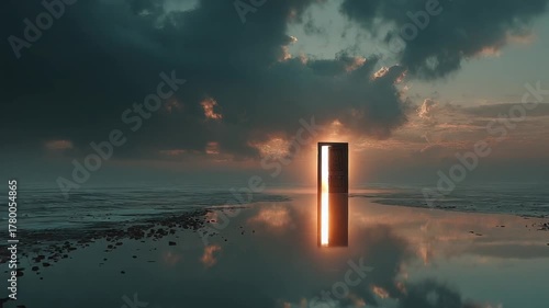 Mysterious Door Reflecting Sunset Over Water