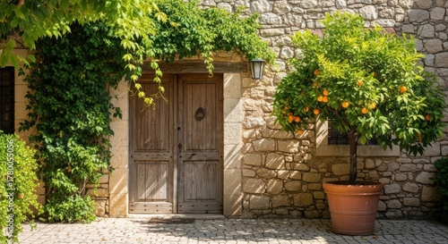 Rustic wooden door of an old stone house, overgrown with lush green ivy and a potted orange tree
