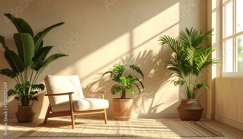 Wallpaper Mural Sunlit Interior with Plants and Armchair - A Cozy Home Scene. Torontodigital.ca