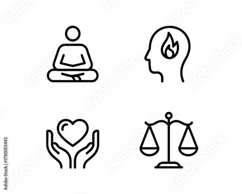 Four abstract black line icons representing meditation passion care justice person lotus position