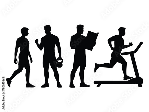 Four athletic men silhouettes engaged in various fitness activities black silhouettes exercise