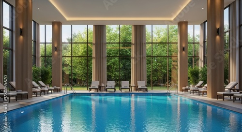 Wallpaper Mural Luxurious indoor swimming pool with lounge chairs and large windows overlooking a lush green garden, creating a serene spa atmosphere Torontodigital.ca