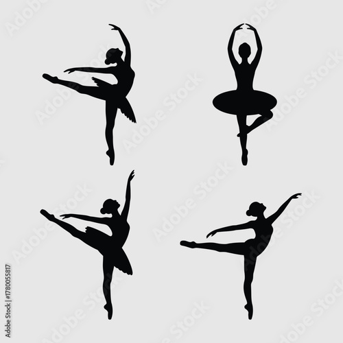 Four ballet dancers in silhouette performing graceful poses black white