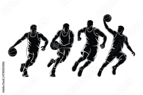 Four basketball players in dynamic motion athletes silhouettes