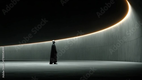 Mysterious figure walking in a minimalist space