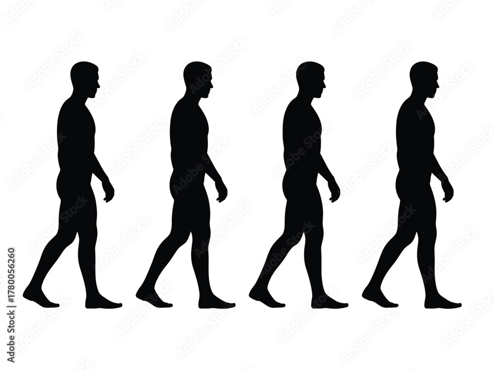 Obraz premium Four black human silhouettes walking in sequence male movement