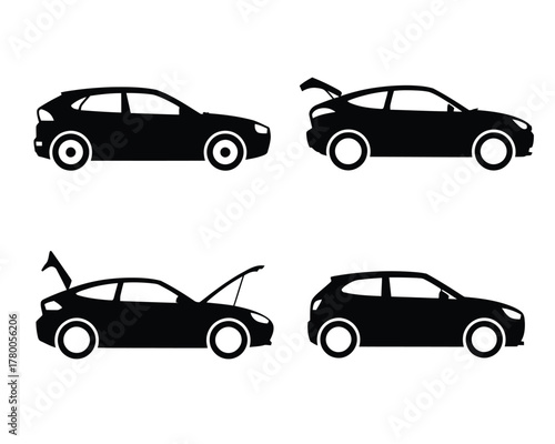 Four black hatchback silhouettes with open trunk and hood automobile