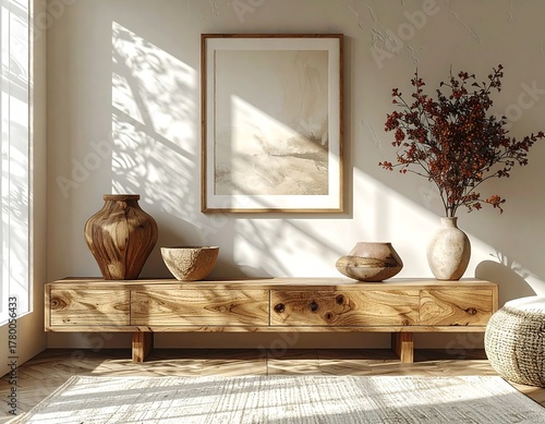Wallpaper Mural Sunlit Interior with Wooden Console Table and Decorative Accents. Torontodigital.ca