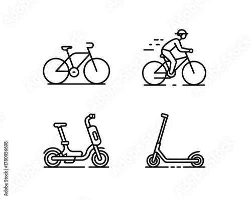 Four black line icons depicting transportation vehicles bicycle cyclist