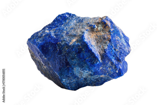 A rough, deep blue lapis lazuli mineral specimen with golden pyrite inclusions against a white background.