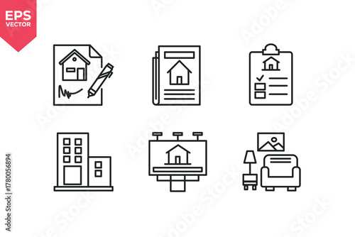 Set of line icons related to building, billboard, contract, newspaper, living room, list. Outline icons collection. Editable stroke. Vector illustration