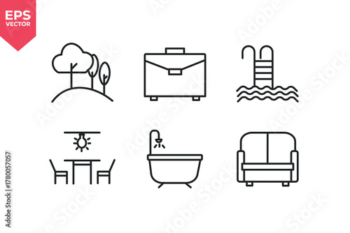 Set of line icons related to park, briefcase, swimming pool, bathtub, sofa, dinning room. Outline icons collection. Editable stroke. Vector illustration