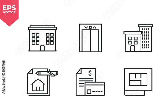 Set of line icons related to apartment, building, elevator, contract, credit report, architectural. Outline icons collection. Editable stroke. Vector illustration