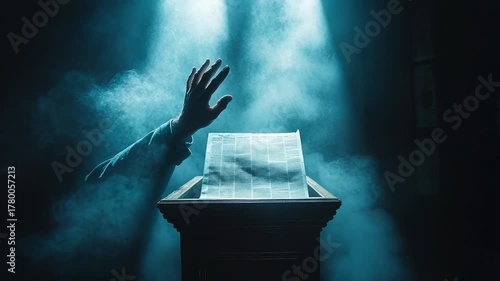 Mysterious Hand Emerging from Foggy Newspaper Scene
