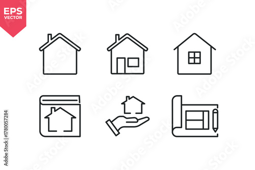 Set of line icons related to home, plans, receiving house, real estate guide. Outline icons collection. Editable stroke. Vector illustration