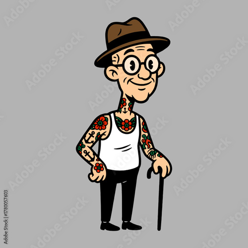 Cool tattooed senior man with hat and cane, stylish elderly gentleman cartoon character, perfect for humorous designs and illustrations with hipster vibes