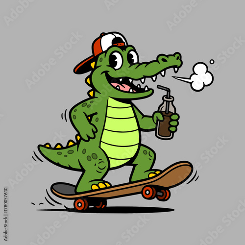 Cool crocodile cruises on skateboard while sipping soda, radiating summer vibes and carefree fun, perfect for youth brands and playful designs