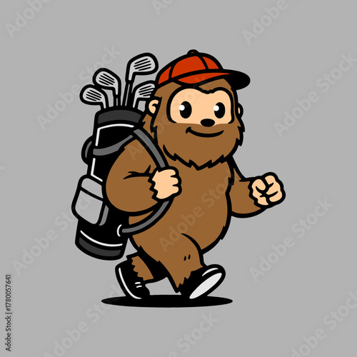 Funny Bigfoot cartoon character heading out for golf with clubs in tow and wearing a baseball cap, perfect for sports, humor, and family content