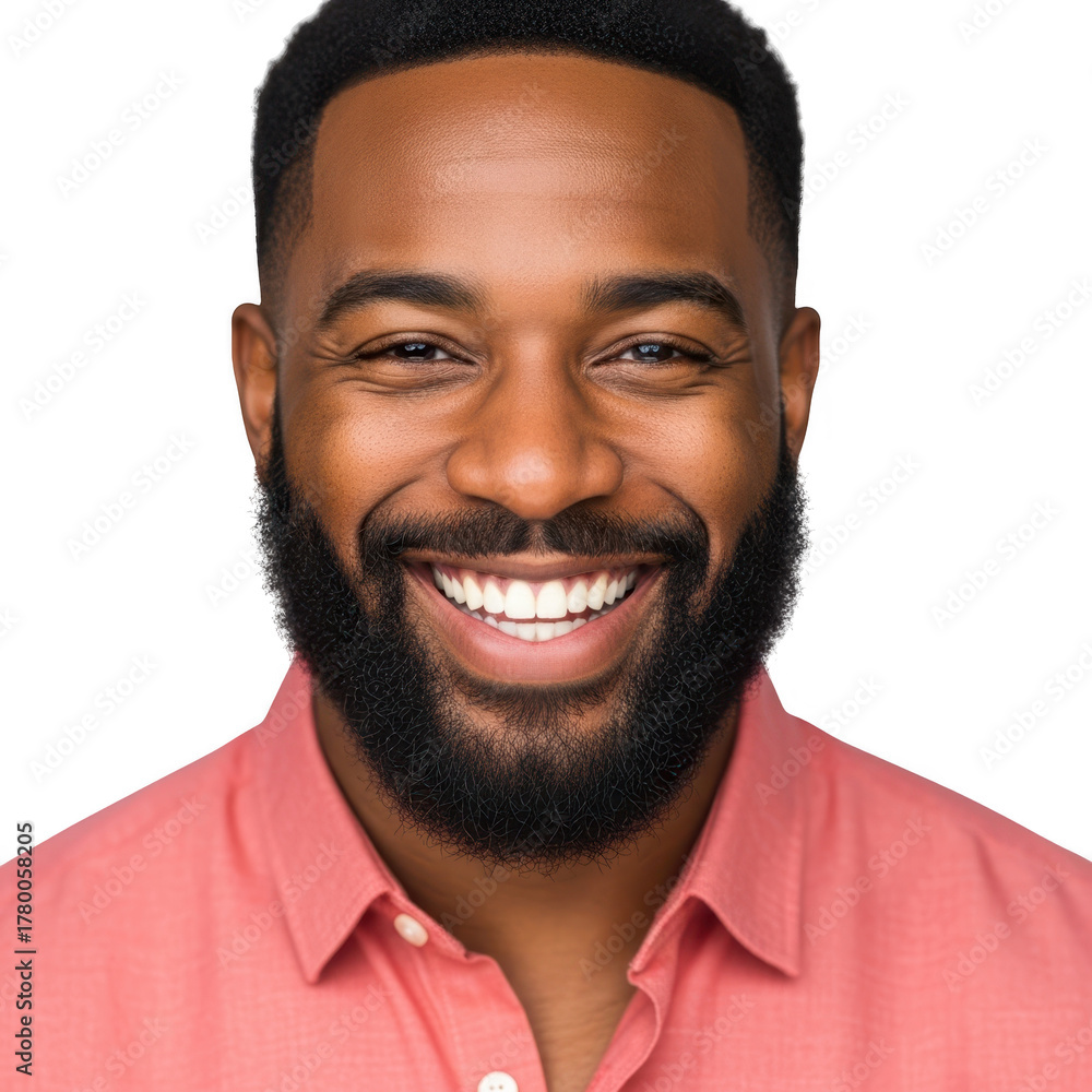 Obraz premium Smiling man with beard wearing coral shirt isolated on transparent background