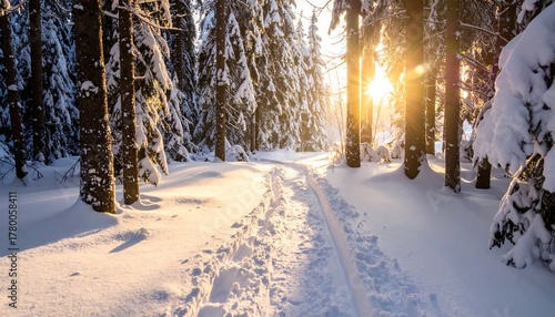 Wallpaper Mural Sunlit Path Through a Snowy Winter Forest Landscape. Torontodigital.ca
