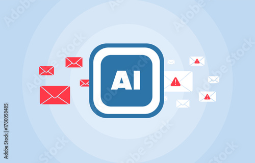 AI email filtering system detecting spam, phishing and unwanted messages. Machine learning spam detection and ai e-mail automation to improve inbox security and communication efficiency illustration