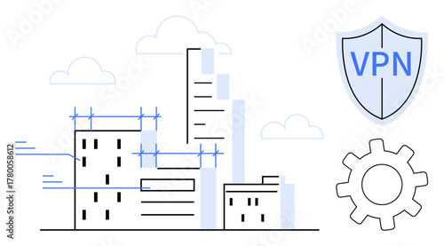 City skyline with buildings, shield labeled VPN, cogwheel symbolizing security, and connectivity. Ideal for cybersecurity, urban tech, data protection, infrastructure, cloud services digital