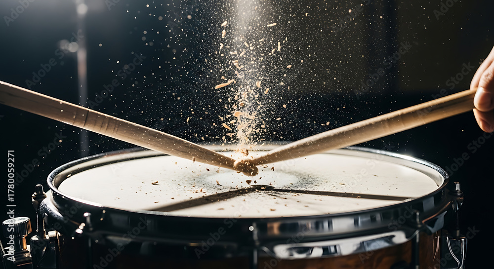 Obraz premium Dynamic drum impact: Drumsticks striking snare drum, scattering particles in an energetic musical performance.