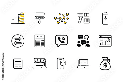 Collection of Business and Technology Icons on White Background Keywords: business, technology, icons, finance