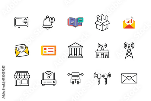 Collection of communication and technology icons on a white background notification