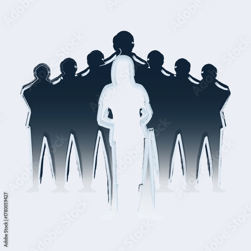 Modern vector illustration showing a group of business people with one person standing confidently in front, symbolizing leadership, teamwork, and corporate success