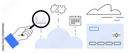 Hand with magnifying glass inspecting bar chart, puzzle piece, cloud, calendar, and abstract credit card. Ideal for data analysis, cloud computing, digital solutions, finance organization goal