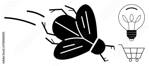Stylized black insect in motion, light bulb with leaf motif, and shopping cart outline. Ideal for sustainability, innovation, e-commerce, eco-consciousness, energy, movement environmental themes