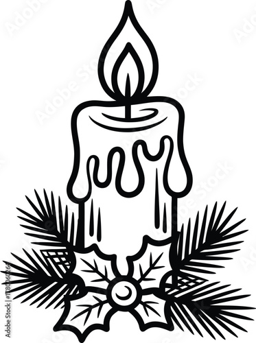 Festive Candle with Holly – Monochrome Christmas Vector Art