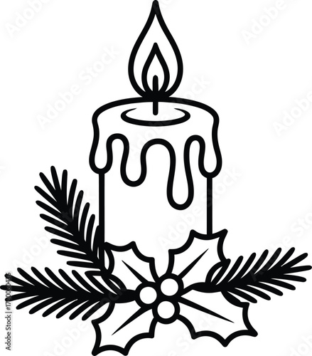 Christmas Candle with Holly and Pine – Black & White Line Art Vector