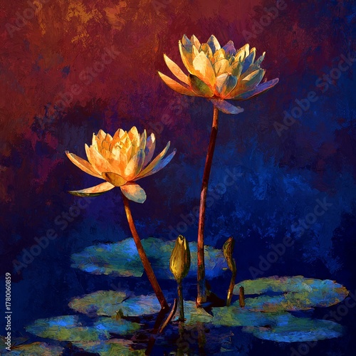 Golden lotus blossoms emerging from textured midnight blue water.